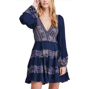 Free People My Love Mini Dress Long Sleeve Swing Pom Pom Paisley Blue Med Boho